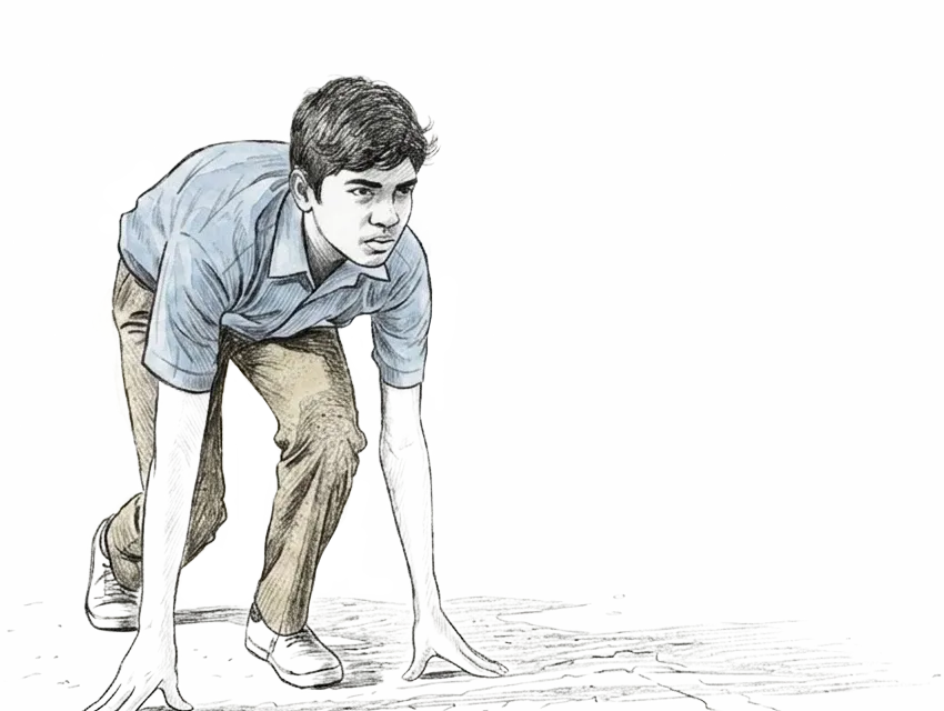 Educational divide — rural students on barren ground vs urban students at a resourced starting line with computers, books, tutors and access