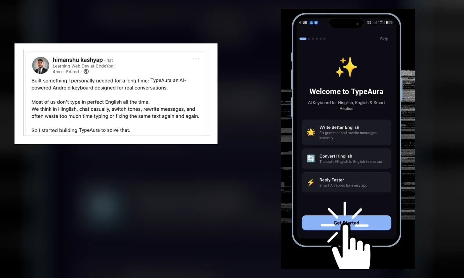 TypeAura, an AI keyboard for Hinglish and English, beside its maker’s LinkedIn post on why he built it